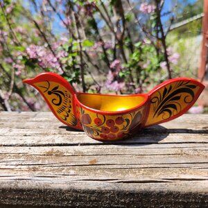 Vintage Hand-Painted Wooden Russian Gzhel Style Bird Dish Red & Gold Floral Desi